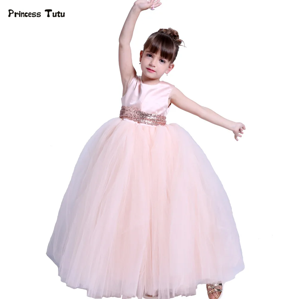 

Kids Girls Wedding Flower Girl Dress Princess Party Pageant Formal Dresses Peach Sleeveless Long Tutu Dress Gown For Girls 1-14Y