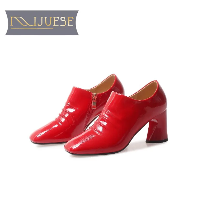 

MLJUESE 2018 women pumps patent leather pointed toe zippers red color high heels pumps women size 34-40 party wedding dress