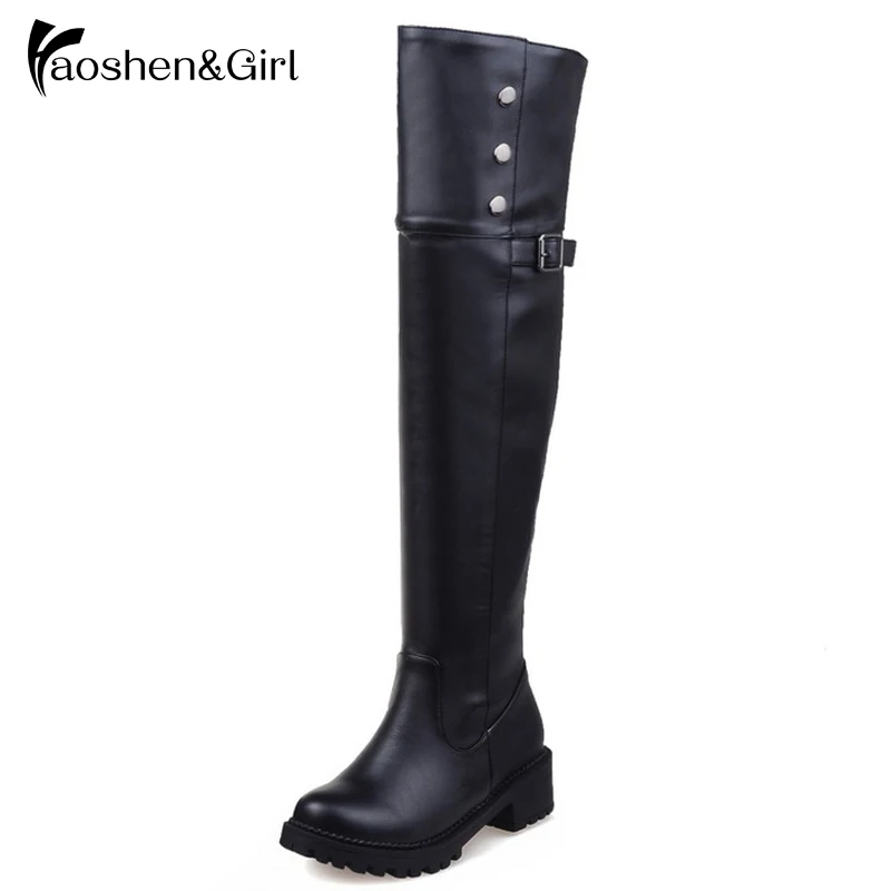 Koop LANSHITINA Big Size 30 52 Vrouwen Platte Overknee Laarzen Winter Sneeuw Lange Boot Rijden Klinknagel Gesp Kwaliteit Leer schoenen Vrouwen Laarzen