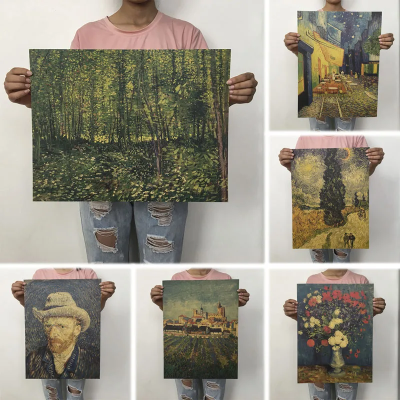 

mling 1PC 51.5x36cm Retro Kraft Paper Van Gogh Series Poster Modern Abstract Art Oil Painting Bar Cafe Wall Sticker Decorative