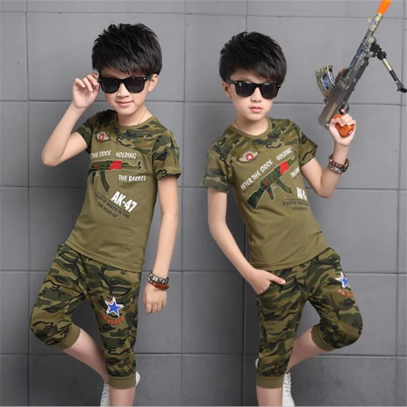 

Boys set camouflage two-piece 2018 new summer Children's clothes sports and leisure suit Short Sleeve Top + Pants