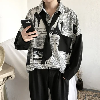 

2019 Summer New Original Niche Newspaper Men Loose Casual Tie Long Sleeve Element Large Size Shirt M-XL Streetwear