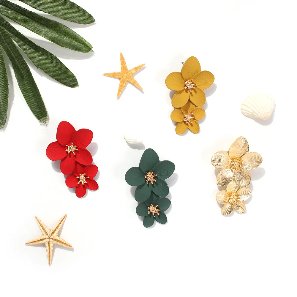 

JOUVAL Fashion Women Drop Earrings Elegant Alloy Double Flower Shape Candy Color Girls Dangle Earring Summer Party Ear Jewelry