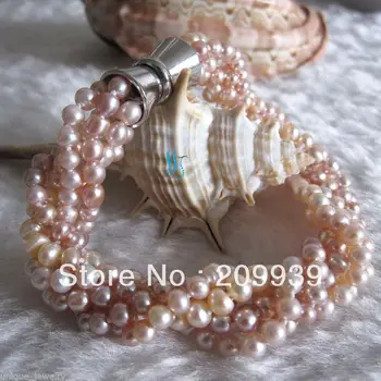 

huij 00232 8" 3.5-4.5mm Peach Pink Lavender 5Row Freshwater Pearl Bracelet