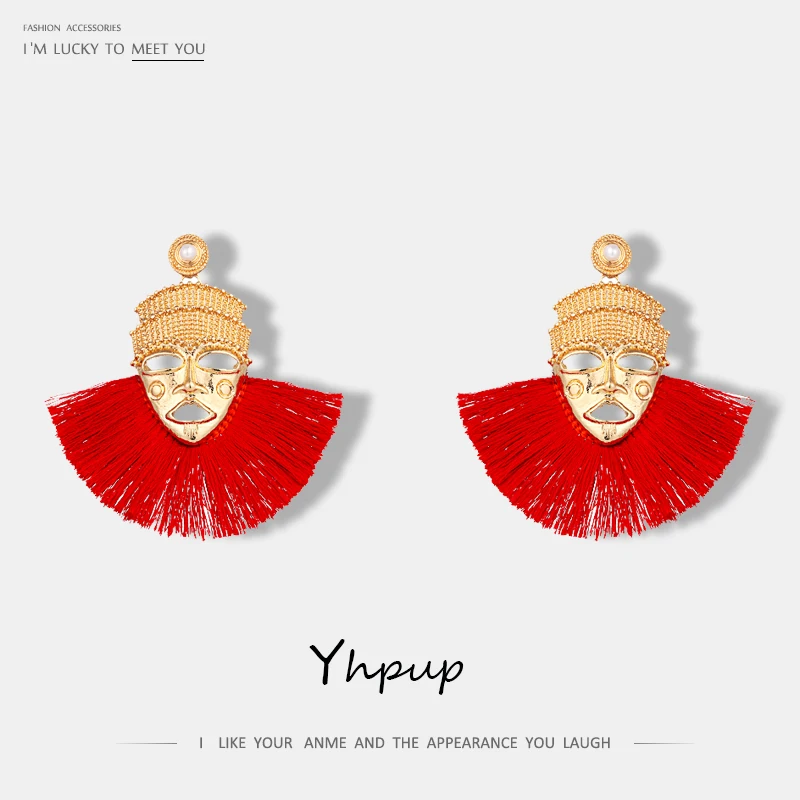 

Yhpup New 7 Color Personalized Bohemia Tassel Dangle Earring Zinc Alloy Face Pendientes Earrings For Women Party Brincos Jewelry