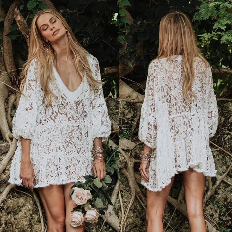 

Bather Women Swimsuit Beach Cover Bikini Dress Up The Wear 2019 New Pure Lace Surf Skirt Sexy Neck Polyester Solid Beach CoverUp