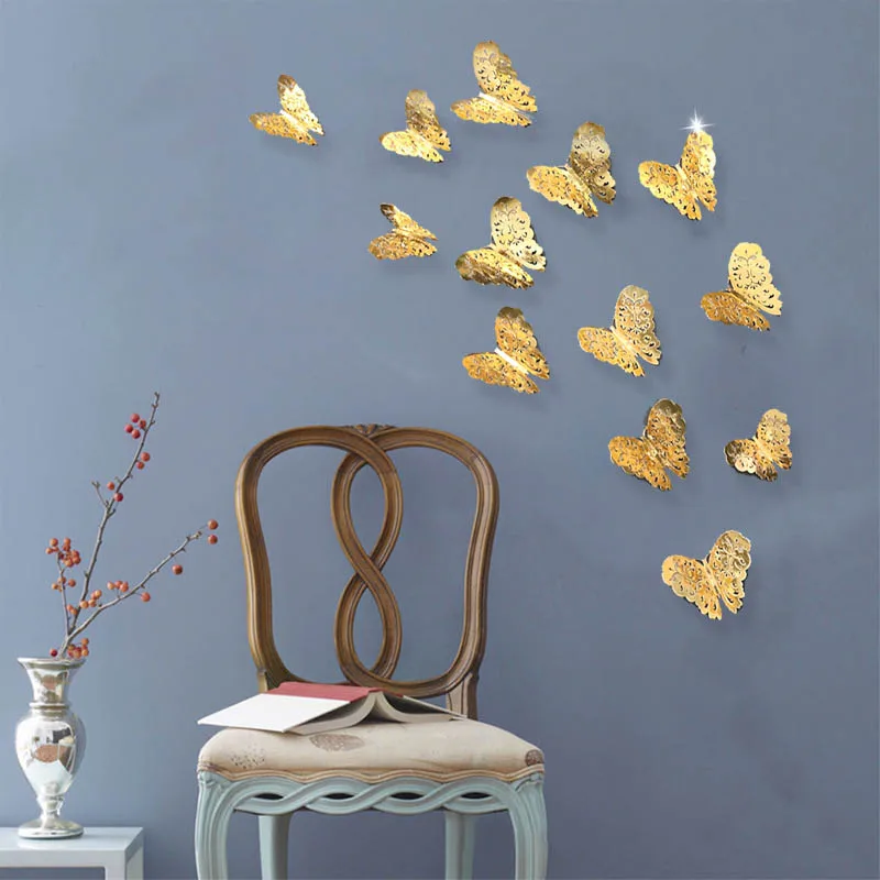 

12Pcs/Set 3D Hollow Three-Dimensional Butterfly Wall Sticker Art Background Wall Home Decor DIY Fridge Party Wedding Wall Decal