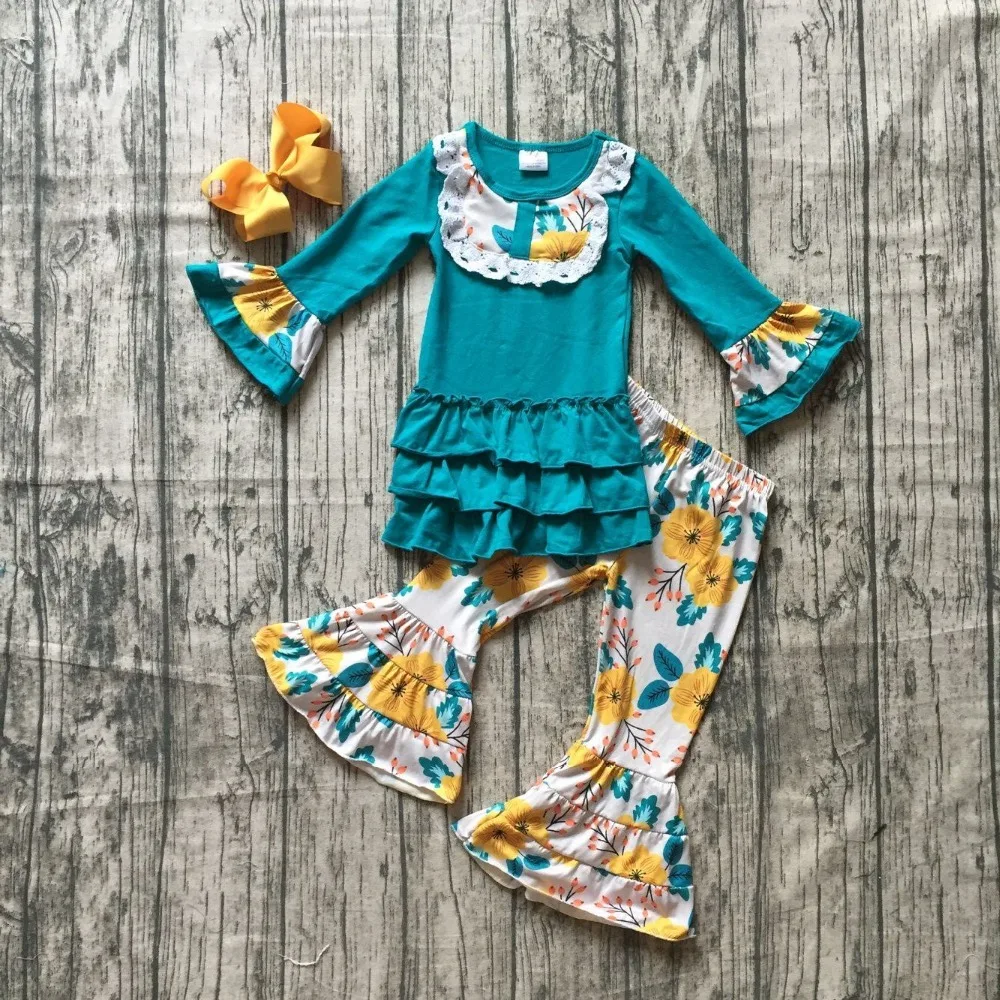 

new Fall/winter baby girls children clothes jade yellow floral flower ruffles cotton long sleeve outfits boutique match cilp bow
