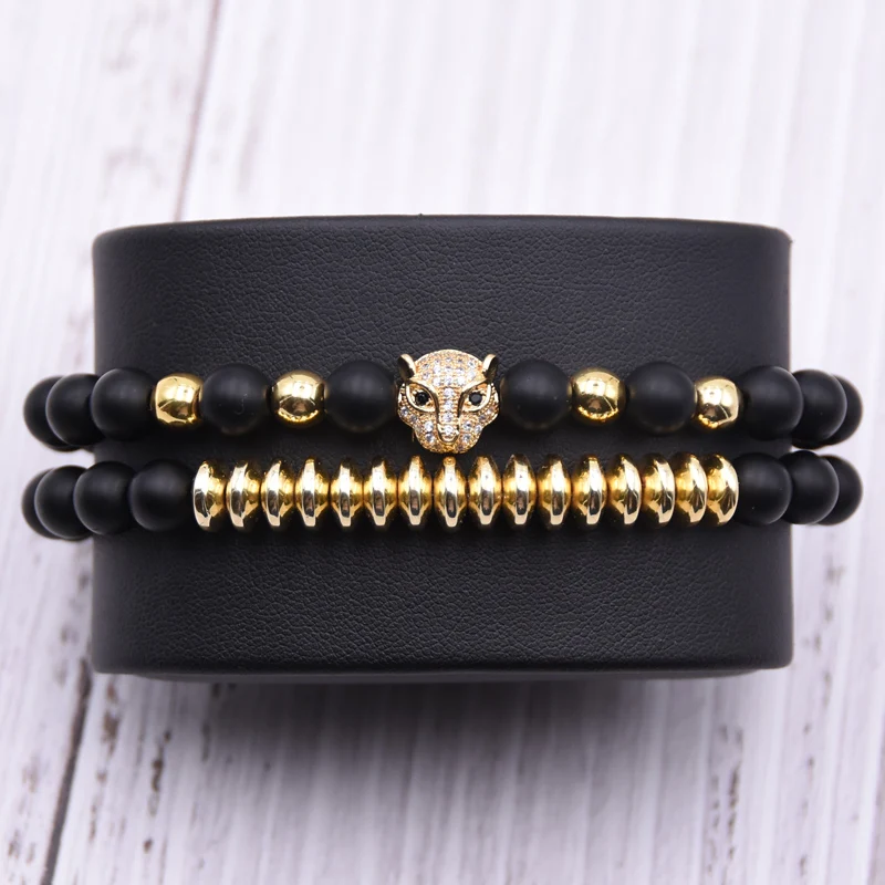 

Kang hua 2 pieces/set Creative jewelry 8mm Matte Black stone bead bracelet Micro Pave CZ Leopard head bracelets for men&women