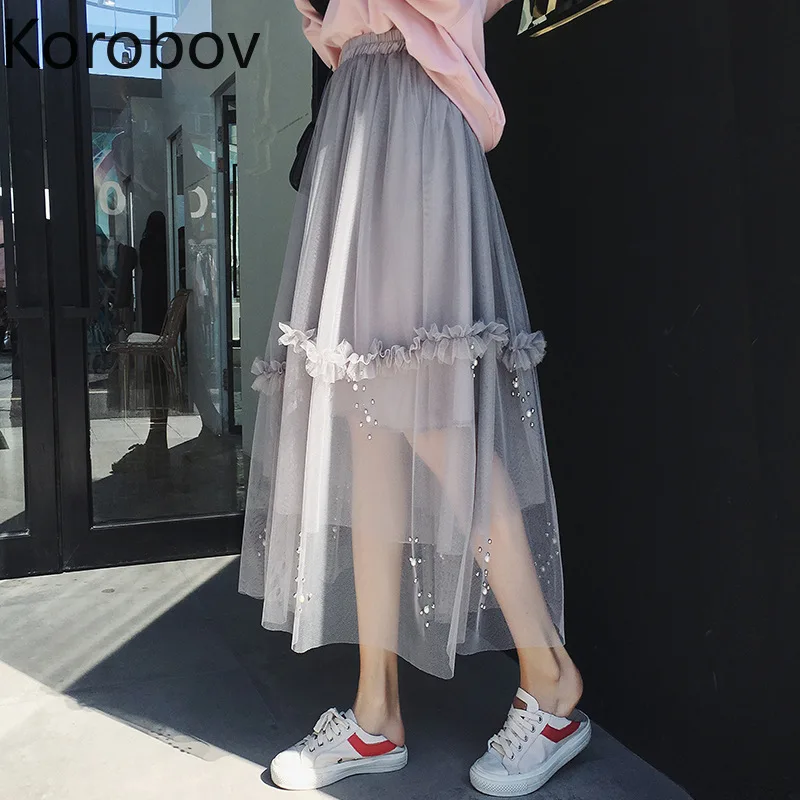 Korobov сладкий жемчуг Лоскутная Женская плиссированная юбка Корейская высокая Талия Длинные тюлевые женские юбки линия Бохо сетка Saia Falda 77946
