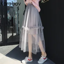 Korobov сладкий жемчуг Лоскутная Женская плиссированная юбка Корейская высокая Талия Длинные тюлевые женские юбки линия Бохо сетка Saia Falda 77946