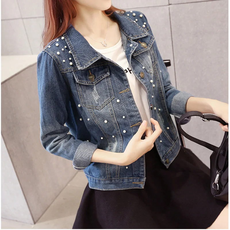 Pearl denim jacket women female casual basic jeans jacket women 2018 korean streetwear cowboy pearl jacket FF1320