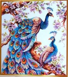 cs-2902 Cross Stitch Kit Two Blue Peacocks Peacock and Baby Bird