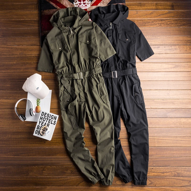 

2019 new casual Fashion jumpsuit men Overalls pants hooded short-sleeved one-piece suit men and women hip-hop Joggers Trousers