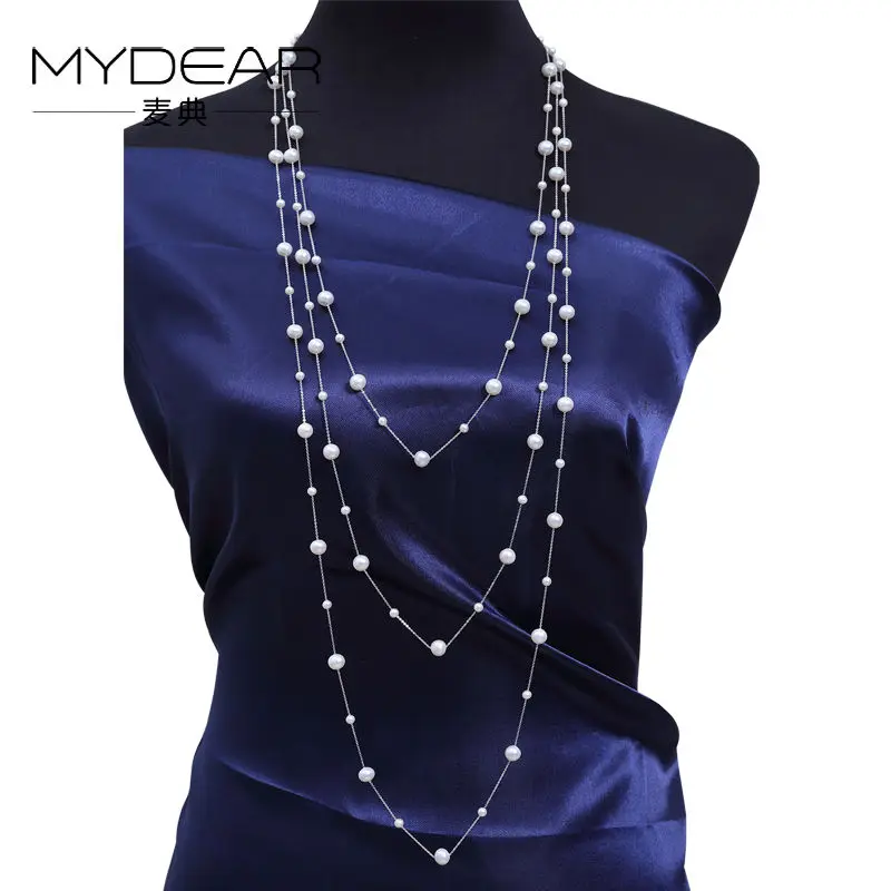 

MYDEAR Fine Pearl Jewelry Women Trendy Silver Link Chain With Pearls,High Luster Freshwater Pearl,2016 New Arrival Sweater Chain