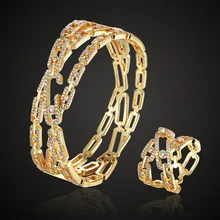 luxury brand AAA cubic zirconia copper bangle jewelry with ring wedding accessory sets metal copper couple bangle ring sets