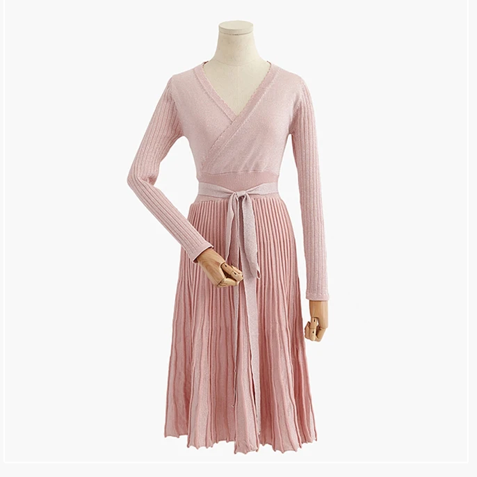Весеннее плиссированное платье с большим подолом и v-образным вырезом, высокая талия, шнуровка, блестящий люрекс, трикотажное эластичное платье для женщин, Новая Винтажная одежда, C-006 - Цвет: Розовый