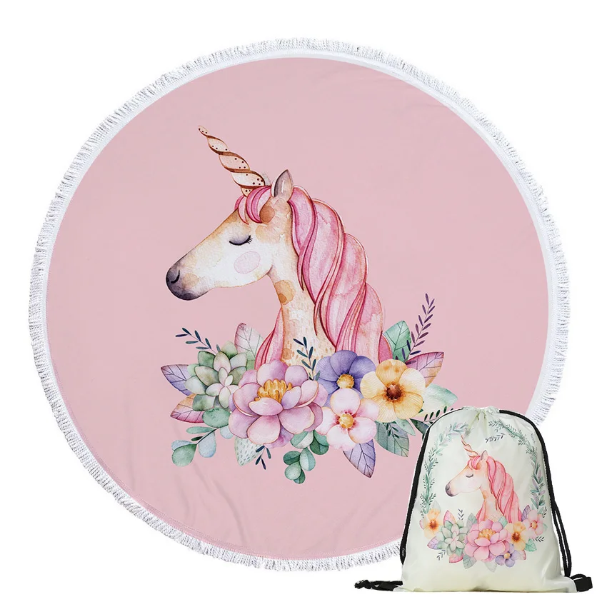 

Cartoon Unicorn Summer Round Beach Towels Thick Bath Shower Towel With Drawstring Storage Bag Yoga Circle Mat Cover toalla playa