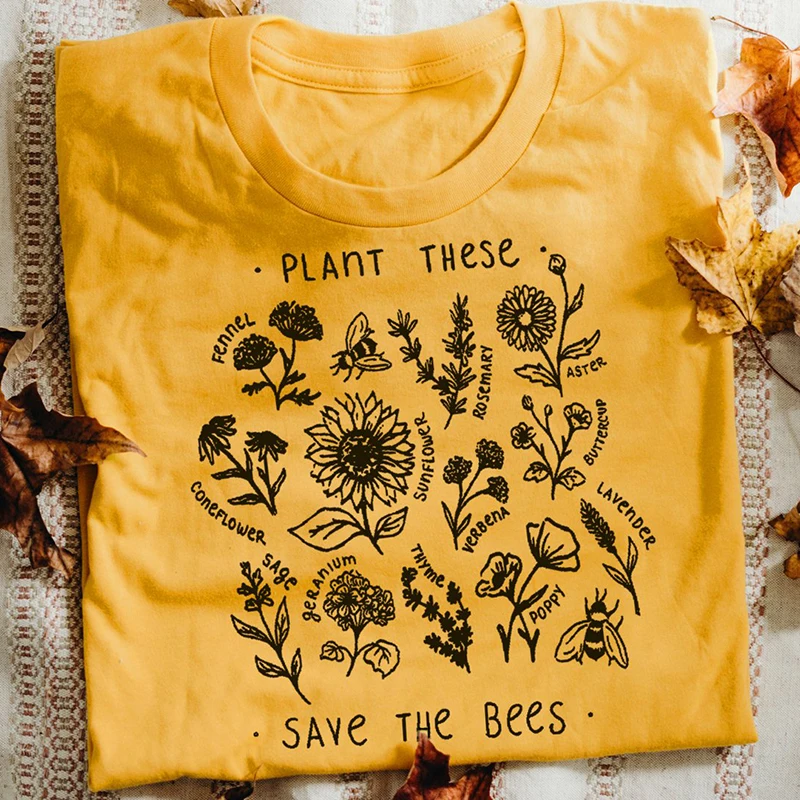 

Plant These Graphic Tee Shirt Women Causal 90s Grunge Wildflower Harajuku Shirt Save The Bees Yellow Cotton T Shirt O-Neck Top