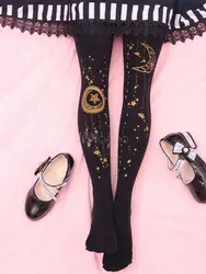 Готический Черный Лолита колготки Луна и звезда печати бедра высокой 100D бархат мода японский сладкий Лолита колготки