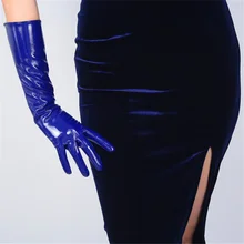 Women'S Patent Leather Gloves In The Long Section PU Simulation Leather Bright Leather Treasure Blue Dark Blue 40cm BL05