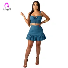 Adogirl Navy Blue Women Sets Ruffles Skirts Summer 2 Piece Set Crop Top Short Mini Skirt Two Piece Set Sexy Skirt Set for Women navy sexy rose embroidered crop top