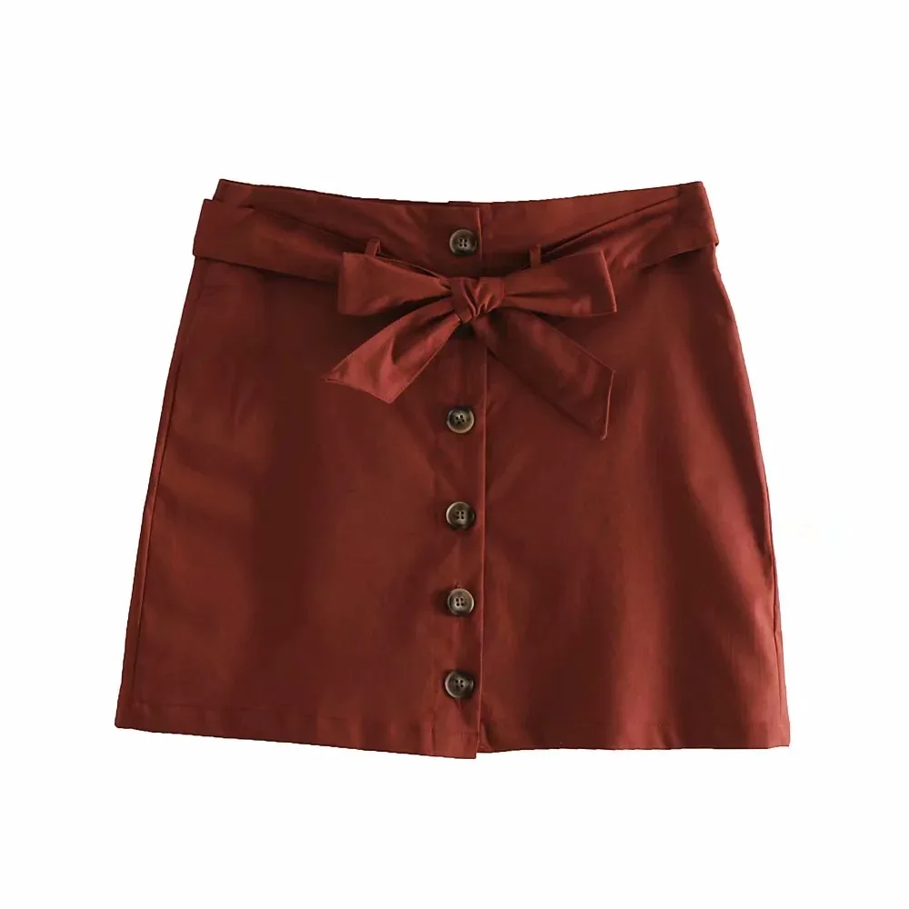 

Women New Sweet Skirts Solid Bow Tie Sashes Button Design A-Line Mini Skirt Stylish Female Casual Chic Cute White Brown Skirts