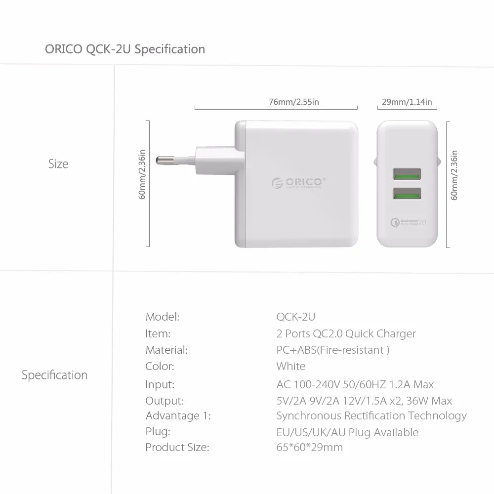 ORICO USB быстрое зарядное устройство QC2.0 двойное настенное зарядное устройство 36 Вт зарядное устройство для мобильного телефона Apple samsung Xiaomi huawei Портативный Белый