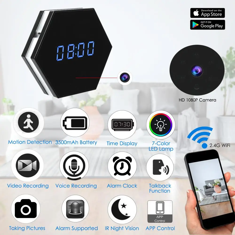 Смарт-будильник часы мини-камера Wifi 1080 P P2P веб-камера IP удаленный монитор ИК