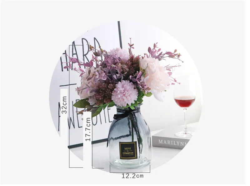 Розовый Фуксия Чародейка Гортензия Пион цветок букет имитация поддельный шелк пластик эмаль серый украшение для стеклянной вазы цветочный