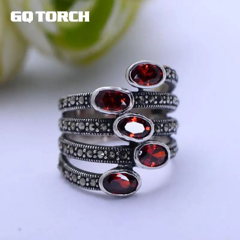 GQTORCH Natural Gemstone Wide Rings For Women Red Garnet Stone Real Pure 925 Sterling Silver Jewelry Marcasite Multi Layer Ring GQTORCH Natural Gemstone Wide Rings For Women Red Garnet Stone Real Pure 925 Sterling Silver Jewelry Marcasite Multi Layer Ring