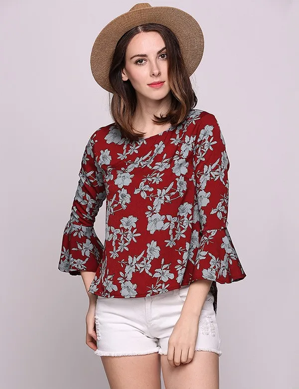 Retro Style font b Women b font font b Blouse b font Red Crew Neck Floral