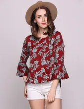Retro Style Women Blouse Red Crew Neck Floral Printed Butterfly Long Sleeve Shirt Ladies Work Wear Fashion Loose Tops