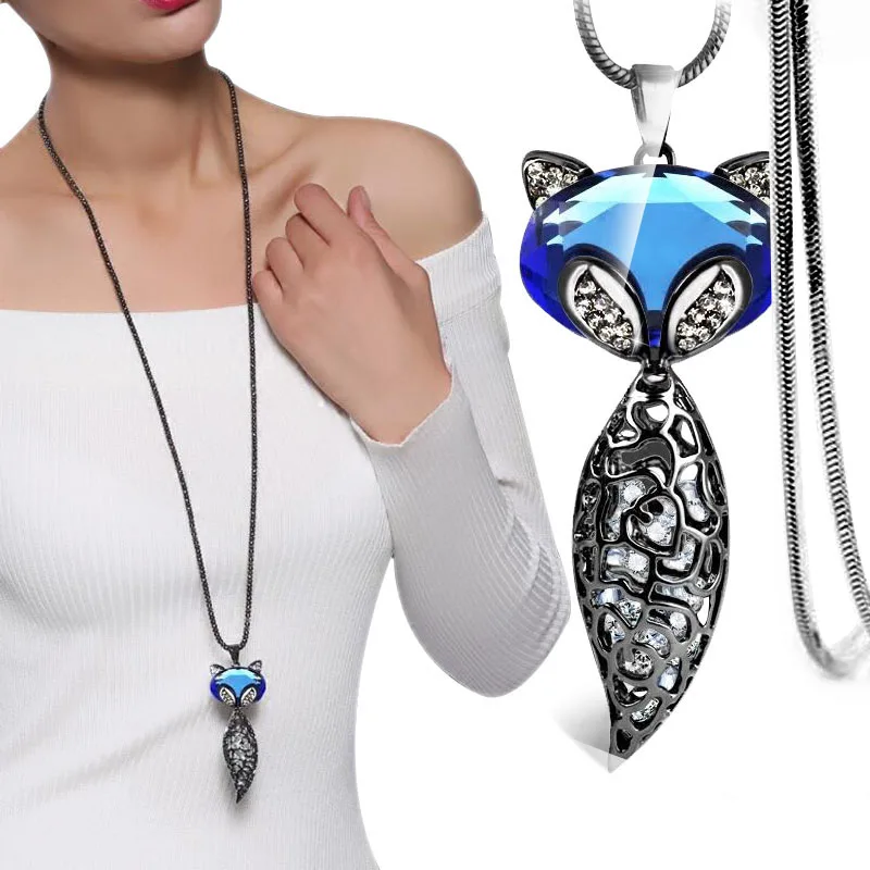 

Personality Trendy Charm big Crystal Creative fox Tassel Long Pendant for Women Retro Bijoux Black gun color Necklaces Jewelry