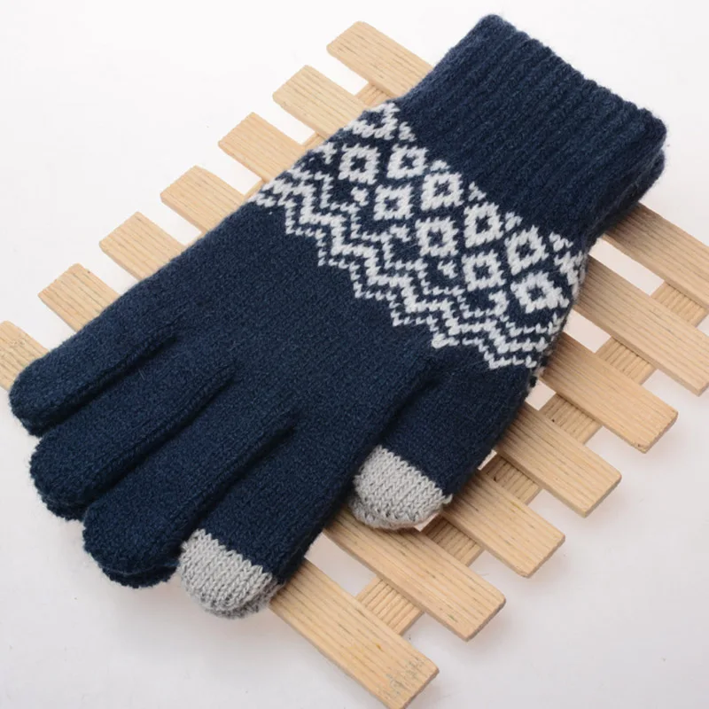 Зимние теплые перчатки для сенсорного экрана, вязаные шерстяные варежки, новые мужские и женские кашемировые геометрические сморщенные перчатки, сенсорные Luvas, подарки - Цвет: Blue
