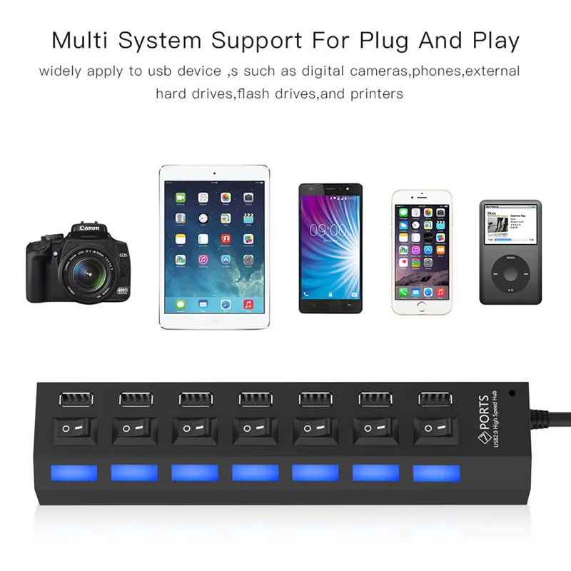 Высокоскоростной usb разветвитель с 7 портами USB 2 0 светодиодный адаптер
