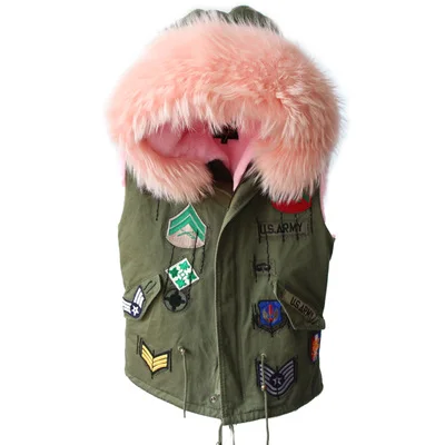 Женское пальто с подкладкой из кроличьего меха Осень Зима без рукавов с капюшоном настоящий большой енот меховой воротник вышитое пальто меховой жилет - Цвет: Pink