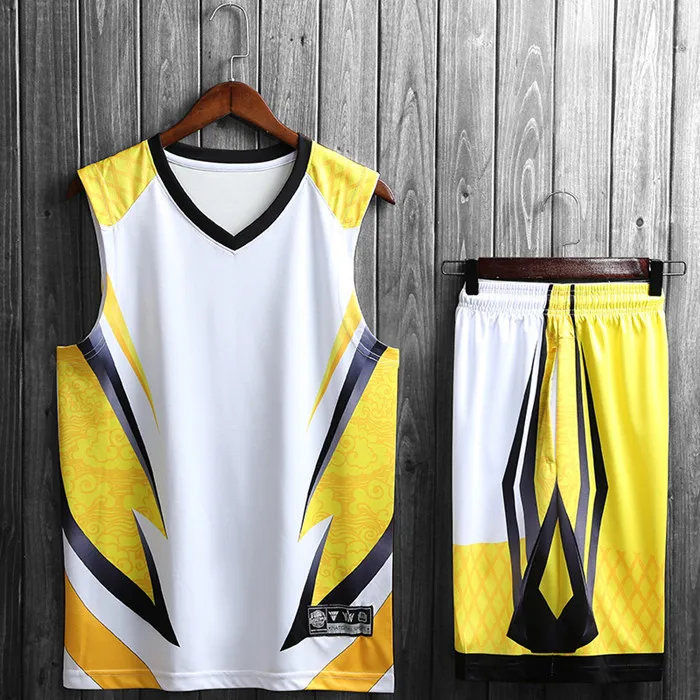 Одежда высшего качества для мужчин и женщин Детский Баскетбол майки комплект Униформа спортивный костюм тренировочные рубашки шорты дышащий боковой карман на заказ печати - Цвет: YW1745 yellow set