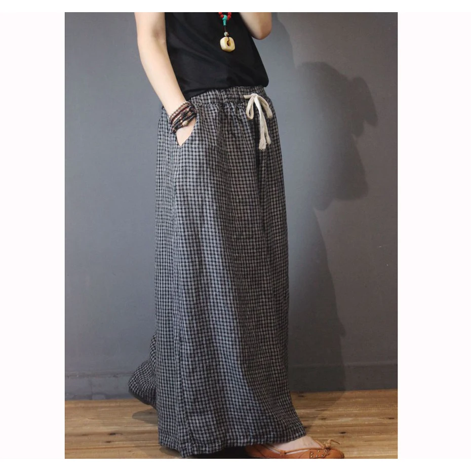 Женская туника из хлопка и льна, брюки с широкими штанинами, брюки для дам, большой свободный размер, клетчатые винтажные элегантные стильные 90044