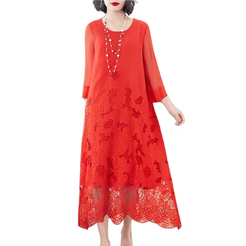 

Brand Vintage Elegant Slik Dress New Spring Summer Women's Loose Silk A-line Dress Women's Embroidery Silk Dress