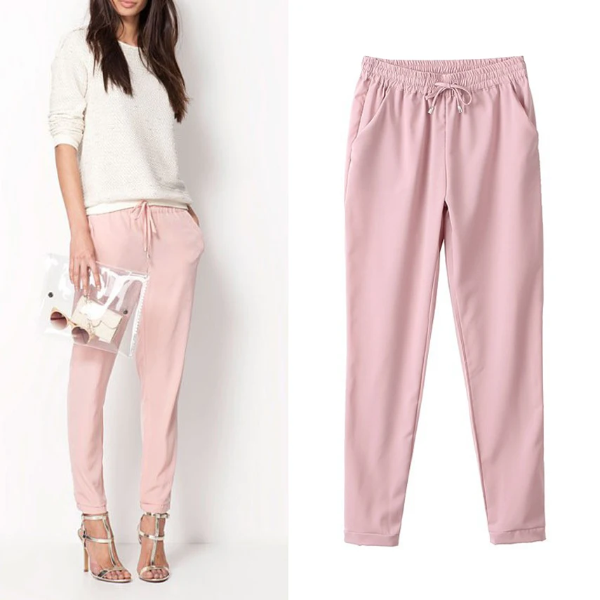 

2019 New Fashions Women's Pants Long Casual Drawstring Elastic Waist Harem Pants Women Pure Color Chiffon Top Trousers Hot Sale