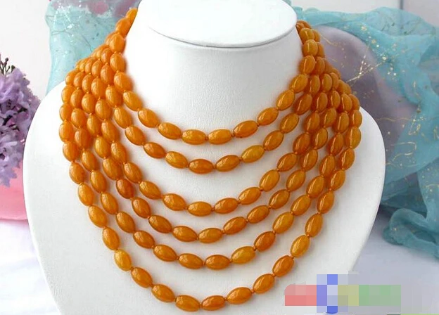 

******LONG 100" 13MM RICE NATURE YELLOW JADE NECKLACE s519