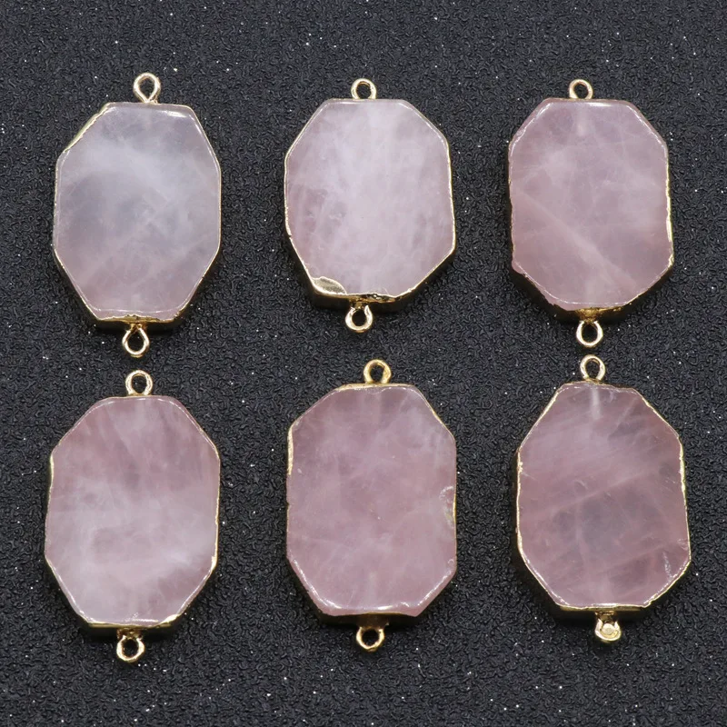 

Retro Chakra Pendant Double Hole Beaded Geometric Nuggets Rose Pink Crystal Quartz Stone Reiki Healing Natural Quartz Pendants