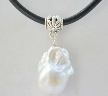 

Jewelr 006031 white baroque keshi reborn pearl pendant leather necklace 17inch