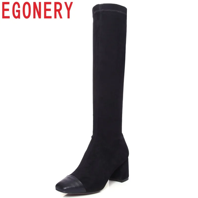 

EGONERY newest high quality genuine leather and flock zipper high square toe black and grey winter plush warm knee high boots