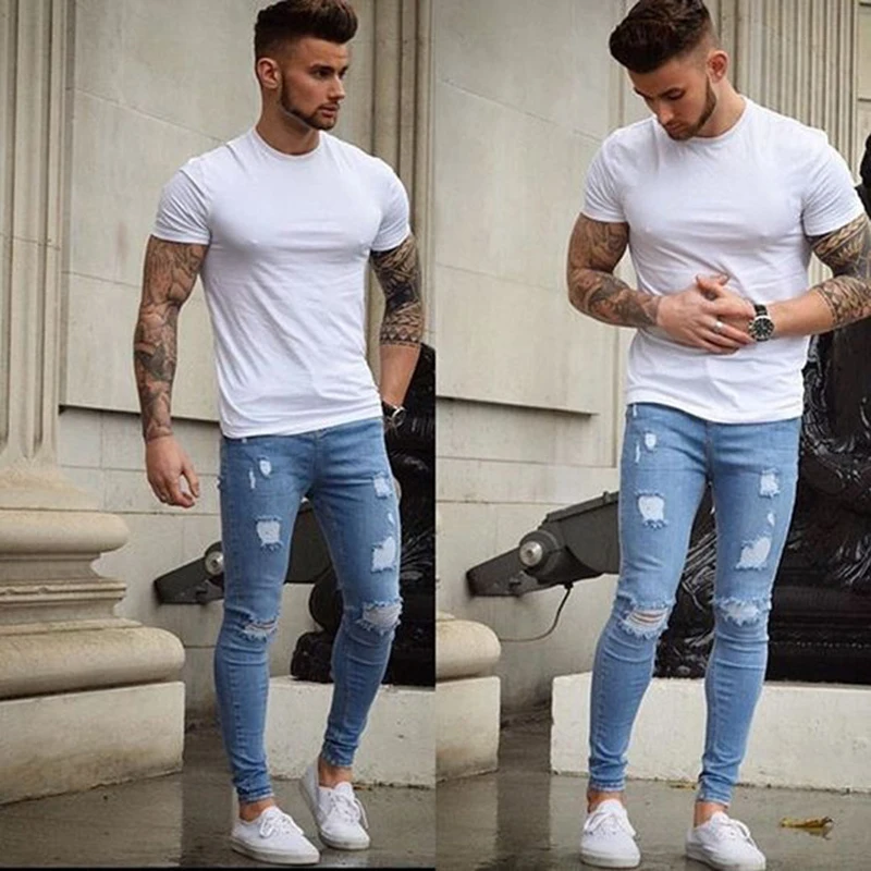Стройная фигура с плиссированной промывают уличные джинсы 2018 синие облегающие джинсы брюки для человека нового Для мужчин рваные дырочки