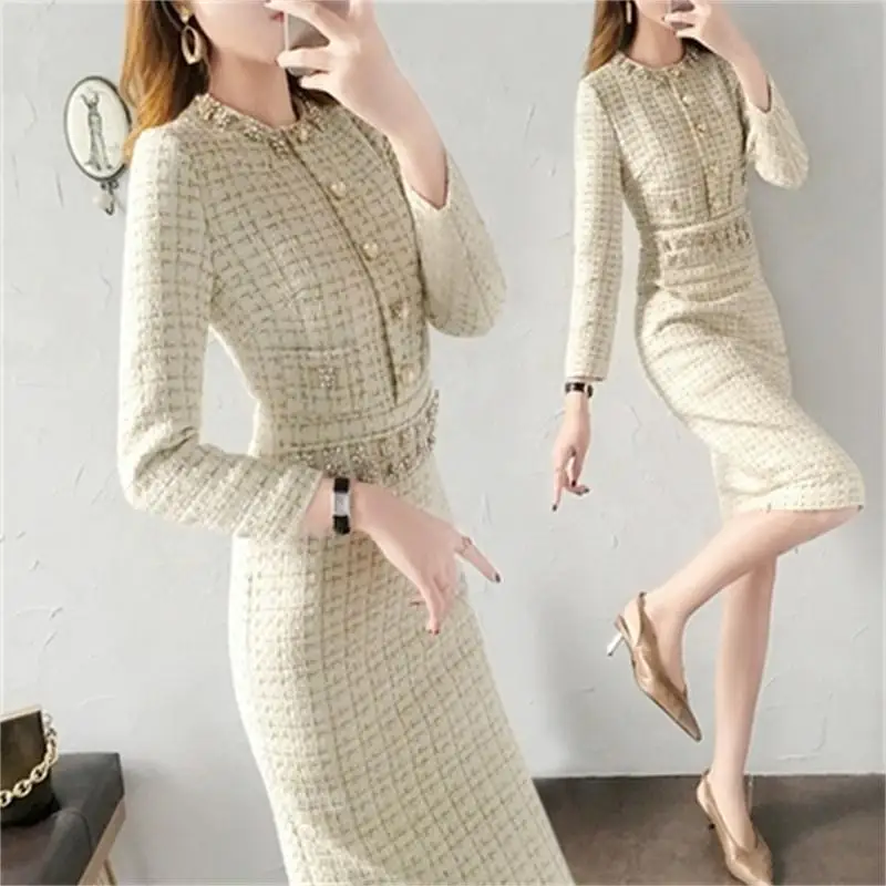 

Fashion Dress women's Autumn/spring New High-end woolen French temperament small fragrance bottoming dress women