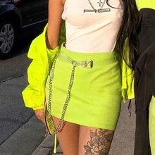 Женская эластичная мини-юбка, поликлиновый ремень, металлическая цепочка, высокая талия, пояс, короткие юбки, эластичная облегающая уличная неоновая зеленая летняя юбка
