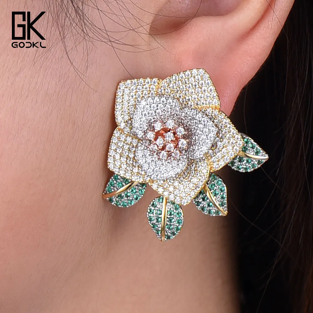 GODKI новые трендовые Роскошные серьги-гвоздики с цветами в виде листьев для женщин Свадебные серьги с кубическим цирконием и кристаллами в Африканском Дубае серебряные свадебные серьги