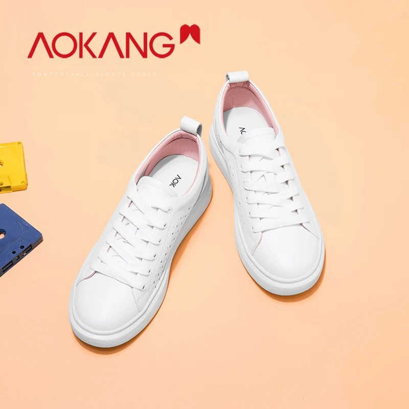 

AOKANG Women Shoes Spring Summer Casual Leather Flat Shoes Lace-up Low Top White famale Sneakers tenis masculino adulto Shoes